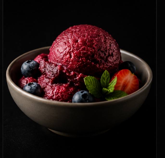 Berry sorbet scoop with fresh blueberries and strawberry