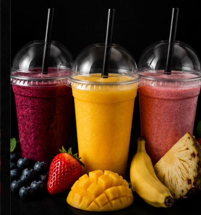 Fruit smoothies in cups with mango, berries, and banana