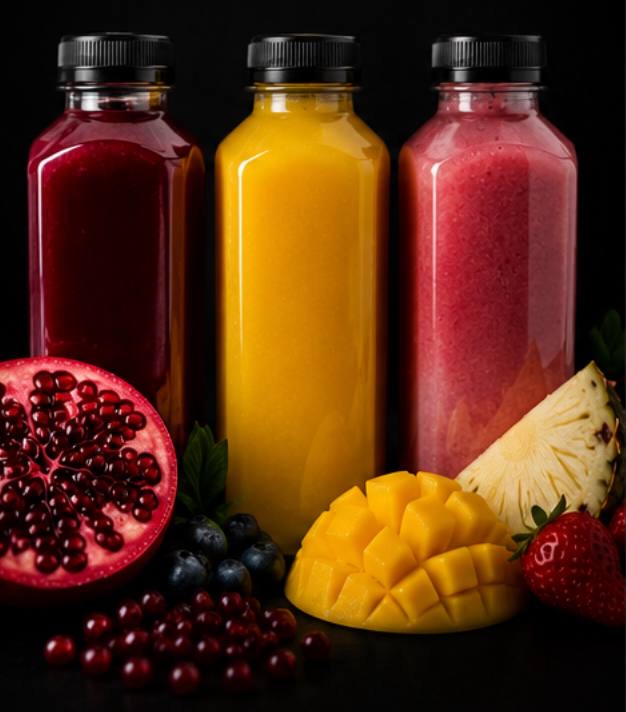Fresh bottled juices with pomegranate, mango, and pineapple